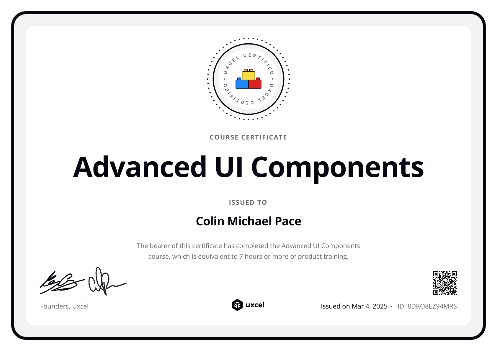 Colin Michael Pace's certificate